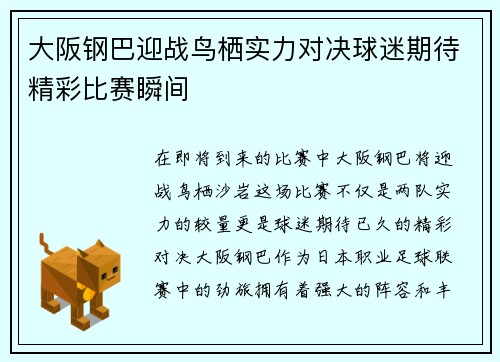 大阪钢巴迎战鸟栖实力对决球迷期待精彩比赛瞬间